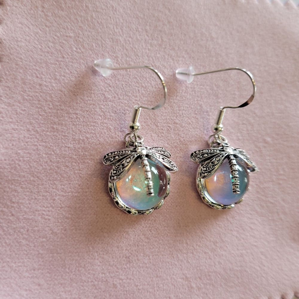 New vintage style earrings etched silver tone dragonfly over color changing orb